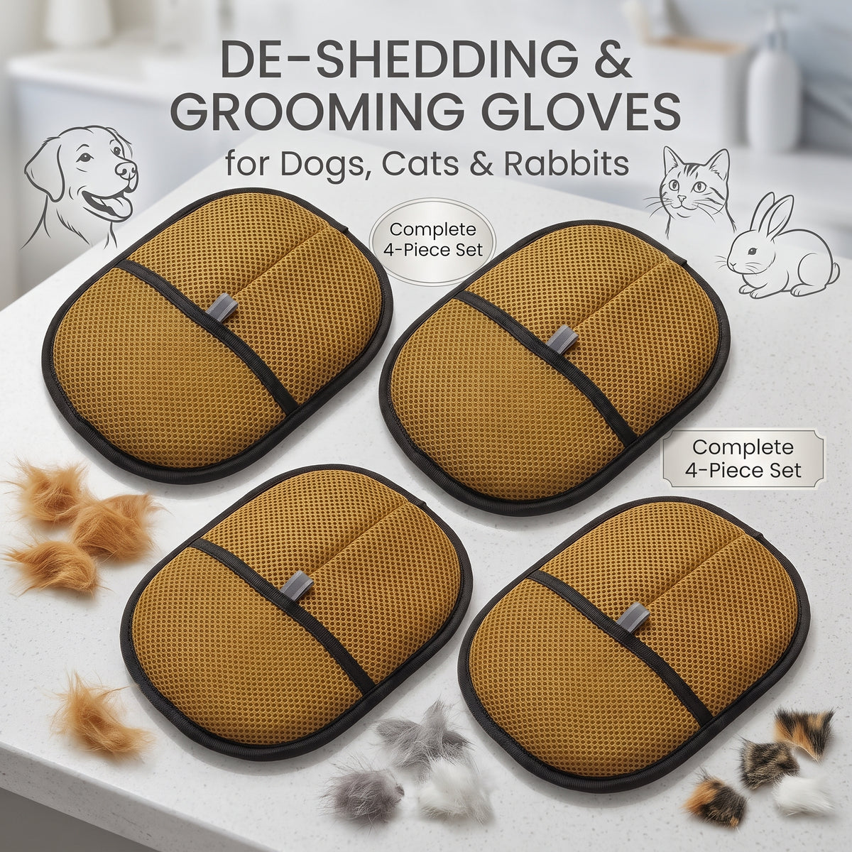 Upgraded All-Coat De-Shedding & Grooming Gloves for Dogs, Cats & Rabbits