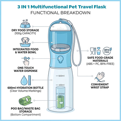 The 3-in-1 Pet Walking Bottle | Filtered Drinker, Treat Pod & Poo Bag Dispenser (600ml)